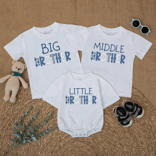 Big Brother Middle Brother Little Brother Matching Outfit, Denim Patchwork Brother Shirts, New Baby Announcement Gift, Sibling Photo Outfit (138 chars)