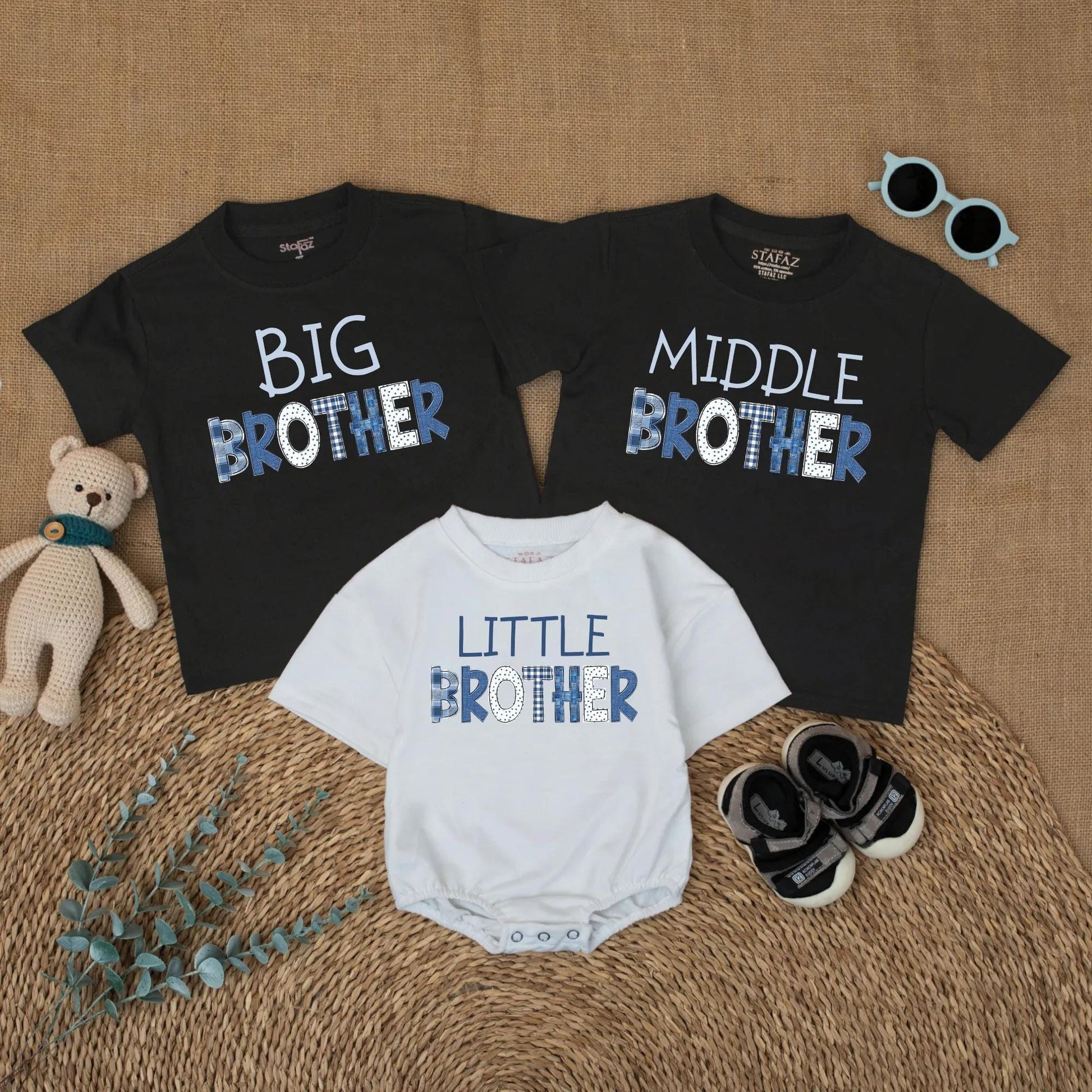 Big Brother Middle Brother Little Brother Matching Outfit, Denim Patchwork Brother Shirts, New Baby Announcement Gift, Sibling Photo Outfit (138 chars)