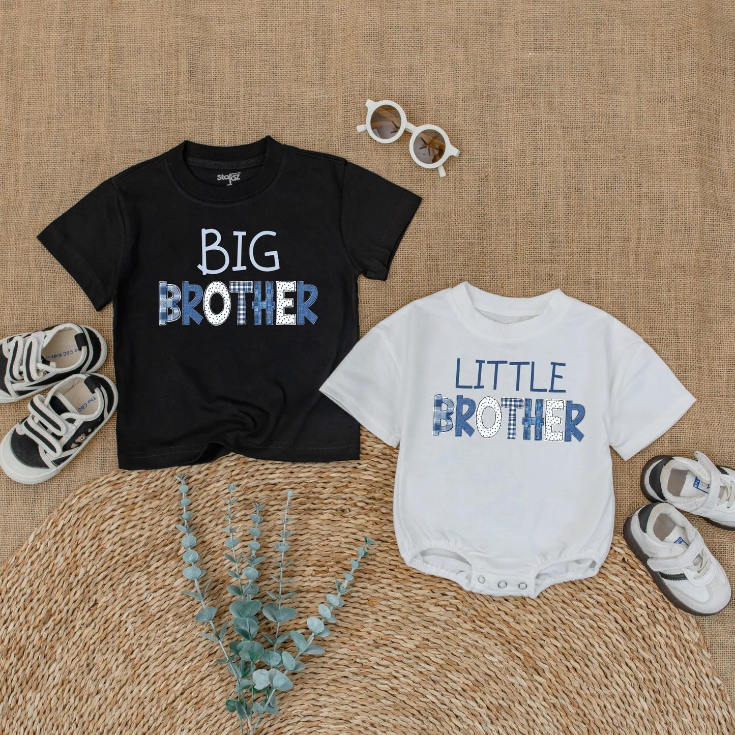 Big Brother Middle Brother Little Brother Matching Outfit, Denim Patchwork Brother Shirts, New Baby Announcement Gift, Sibling Photo Outfit (138 chars)