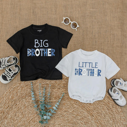 Big Brother Middle Brother Little Brother Matching Outfit, Denim Patchwork Brother Shirts, New Baby Announcement Gift, Sibling Photo Outfit (138 chars)
