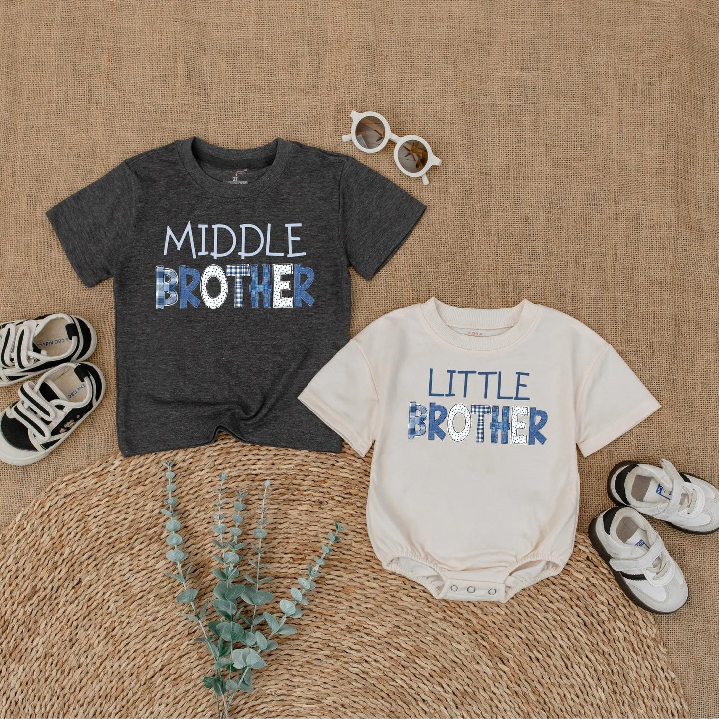 Big Brother Middle Brother Little Brother Matching Outfit, Denim Patchwork Brother Shirts, New Baby Announcement Gift, Sibling Photo Outfit (138 chars)
