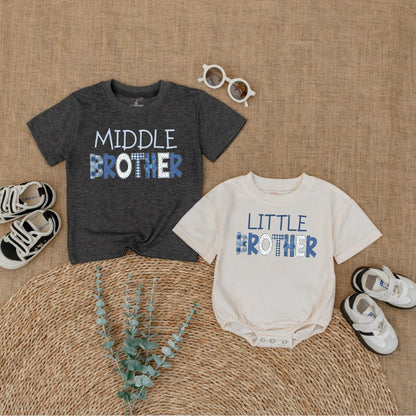 Big Brother Middle Brother Little Brother Matching Outfit, Denim Patchwork Brother Shirts, New Baby Announcement Gift, Sibling Photo Outfit (138 chars)