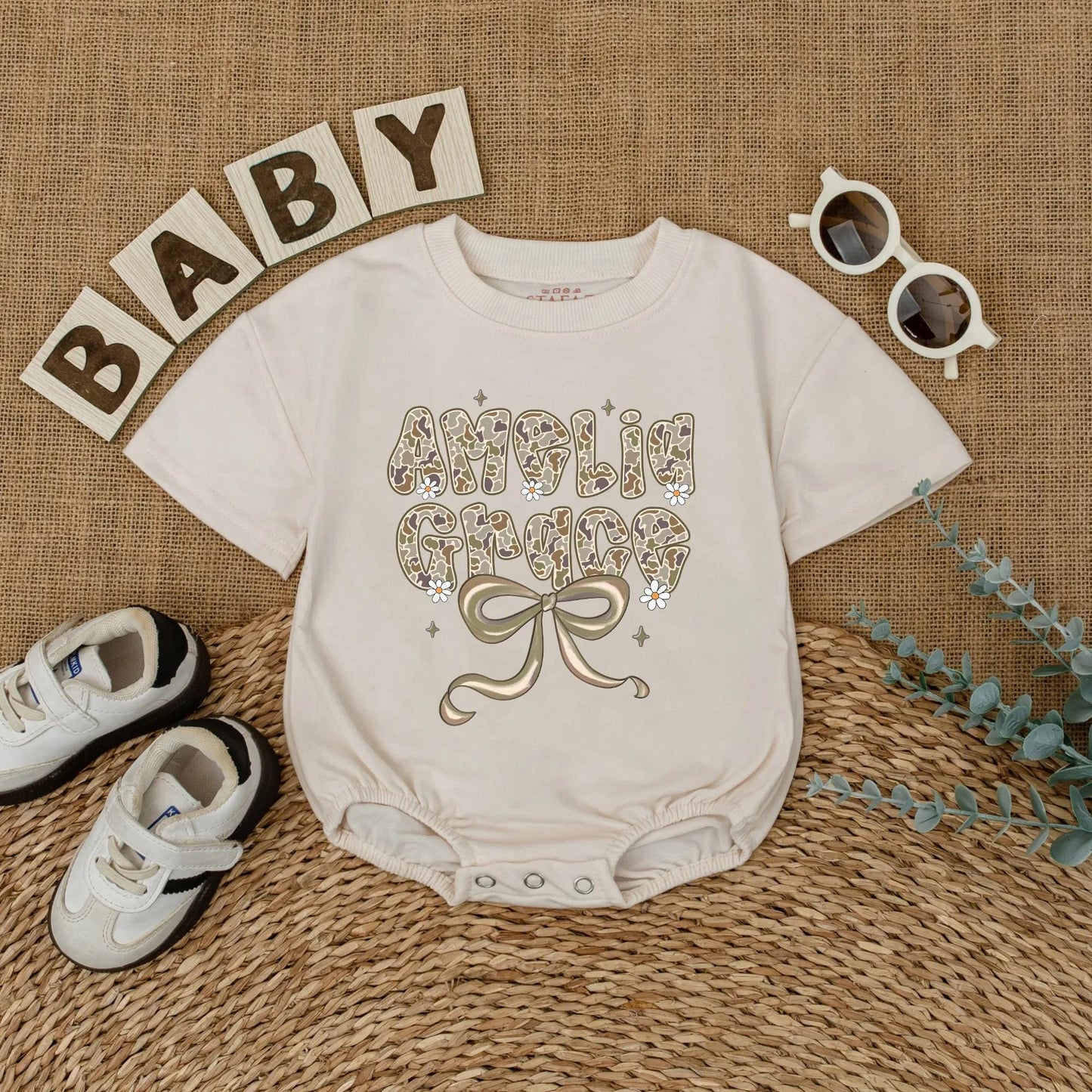 Personalized Amelia Grace Camo Baby Romper, Hunting Outfit with Bow and Flowers, Custom Newborn Girl Clothes, Muted Green, Woodland Shower Gift 135