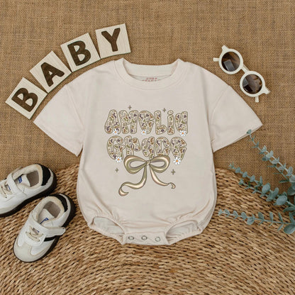 Personalized Amelia Grace Camo Baby Romper, Hunting Outfit with Bow and Flowers, Custom Newborn Girl Clothes, Muted Green, Woodland Shower Gift 135