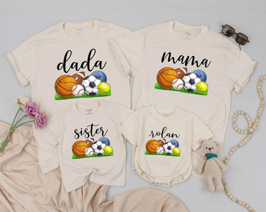 Custom Name Matching Family Sports Birthday Shirts Playful Ball Game Theme First Birthday Outfit Soft Cotton Tees for Everyone