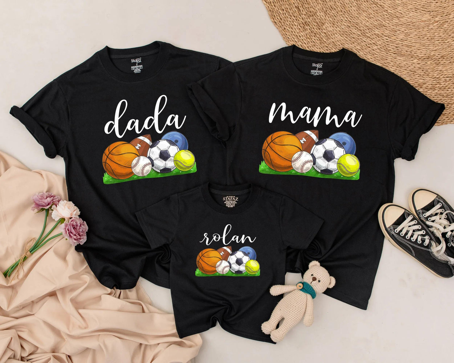Custom Name Matching Family Sports Birthday Shirts Playful Ball Game Theme First Birthday Outfit Soft Cotton Tees for Everyone