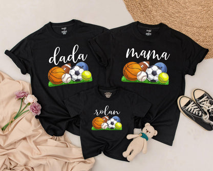 Custom Name Matching Family Sports Birthday Shirts Playful Ball Game Theme First Birthday Outfit Soft Cotton Tees for Everyone