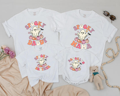 Spooky One Birthday Matching Family Shirts: Retro Ghost & Pumpkins for Daddy, Mama, Brother - Playful Halloween 1st Birthday Outfit & Costume