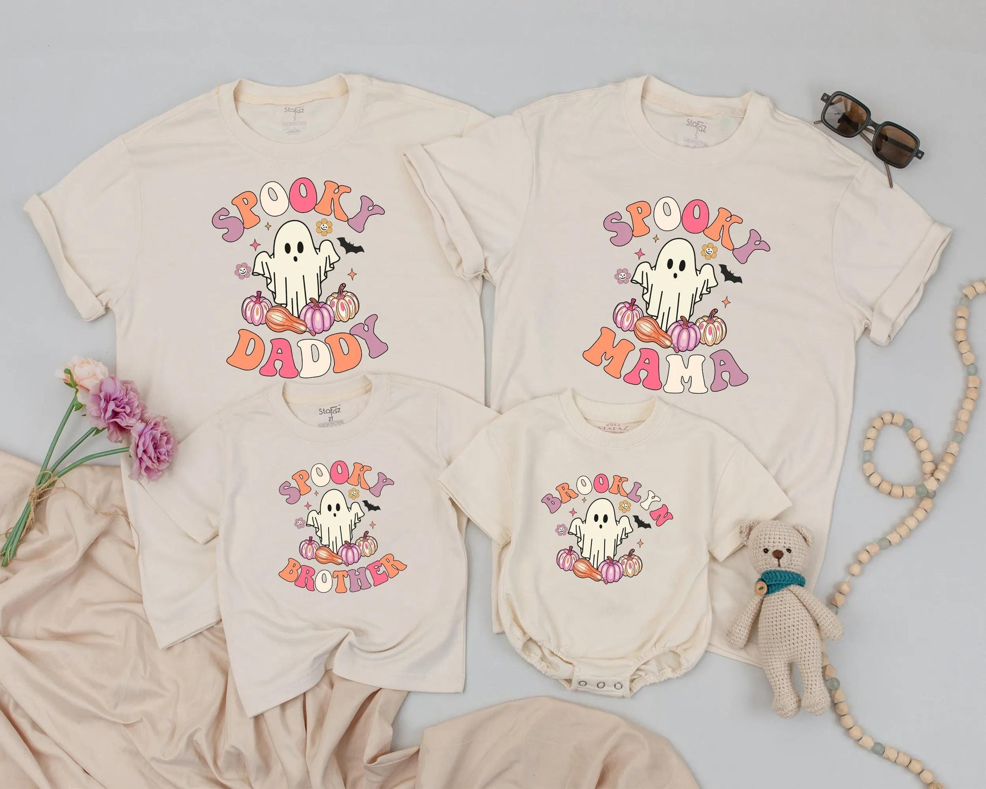 Spooky One Birthday Matching Family Shirts: Retro Ghost & Pumpkins for Daddy, Mama, Brother - Playful Halloween 1st Birthday Outfit & Costume