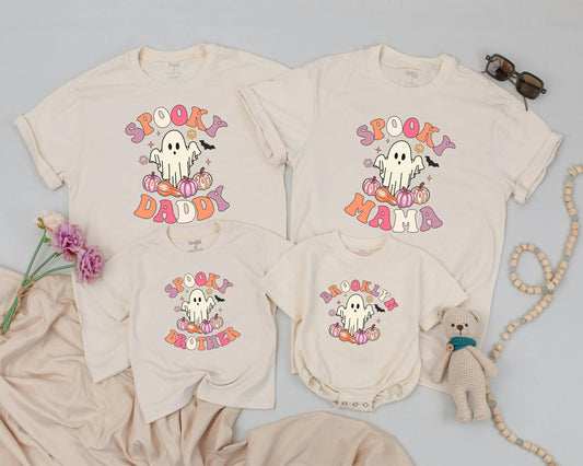 Spooky One Birthday Matching Family Shirts: Retro Ghost & Pumpkins for Daddy, Mama, Brother - Playful Halloween 1st Birthday Outfit & Costume