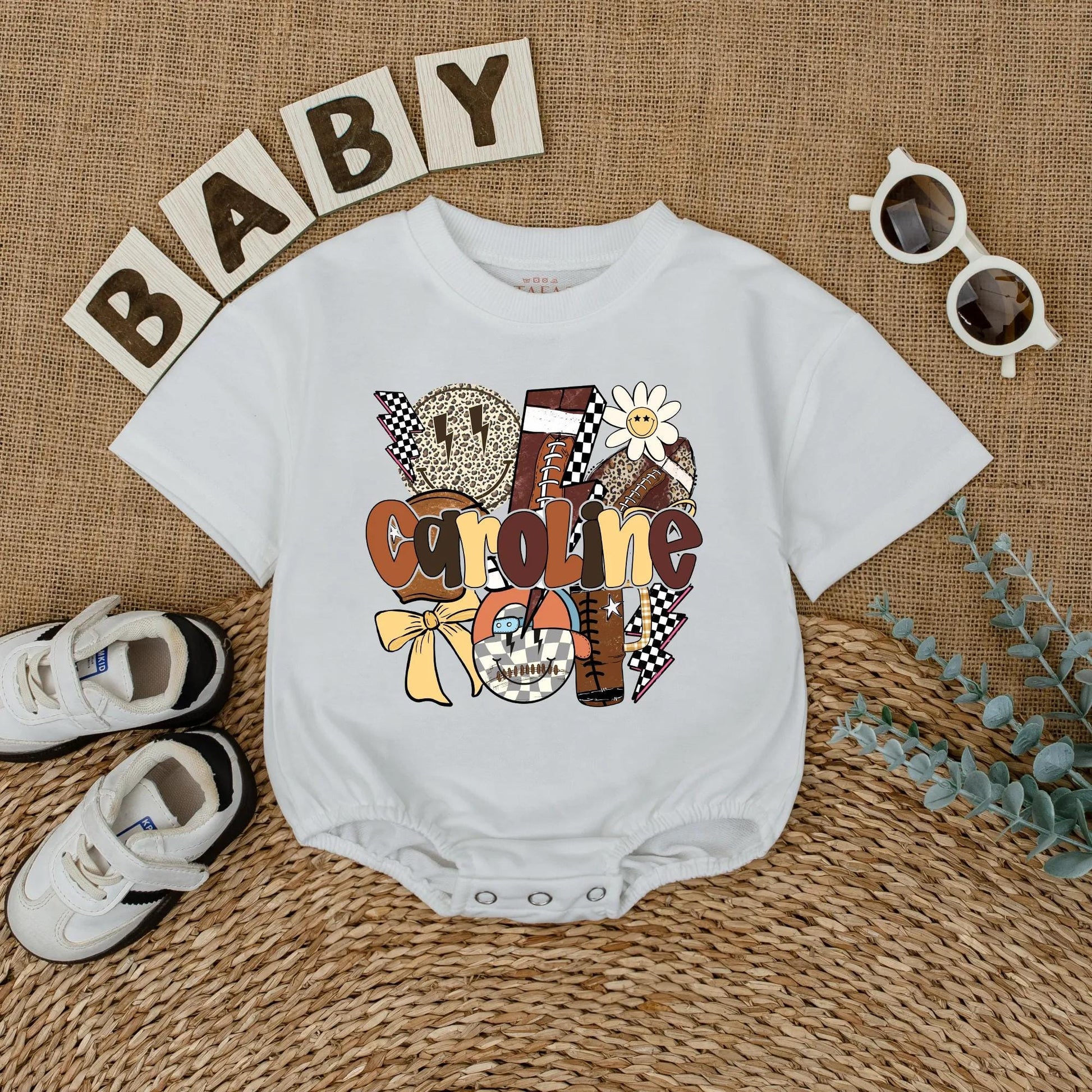 Caroline Football Game Day Bubble Romper Personalized Baby Name Outfit Infant Custom Sports Toddler Girl Gift