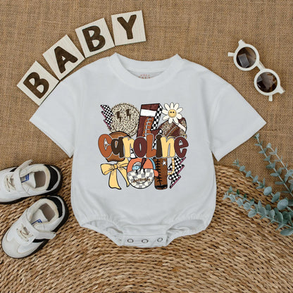 Caroline Football Game Day Bubble Romper Personalized Baby Name Outfit Infant Custom Sports Toddler Girl Gift