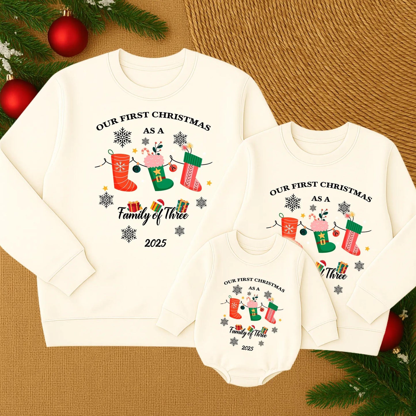 Our First Christmas Family of Three Matching Sweatshirt for Mommy Daughter Winter Holiday Cozy Family Gift