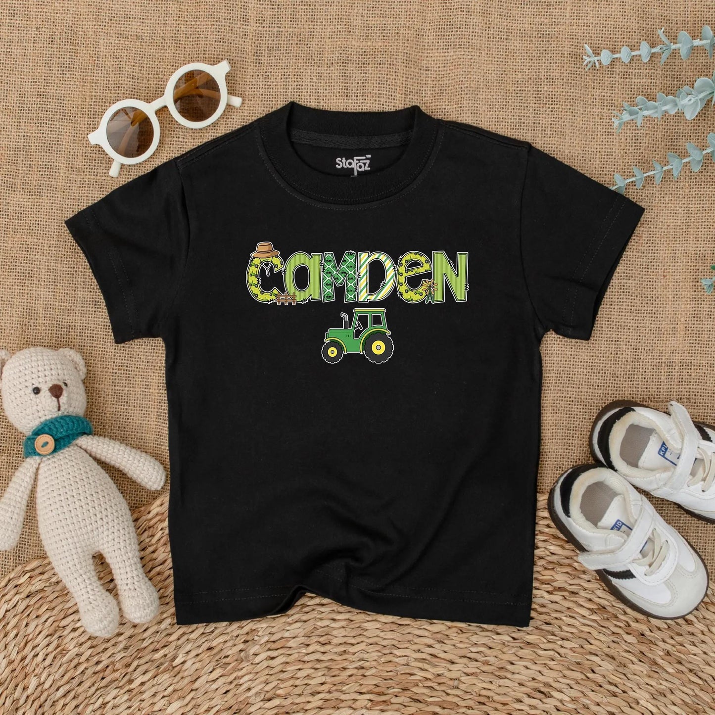 Custom "CAMDEN" Farm Tractor Romper Personalized Little Farmer Birthday Outfit Baby Boy Green Straw Hat Windmill Gift