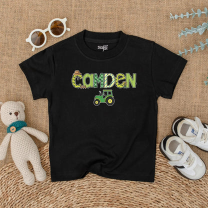 Custom "CAMDEN" Farm Tractor Romper Personalized Little Farmer Birthday Outfit Baby Boy Green Straw Hat Windmill Gift