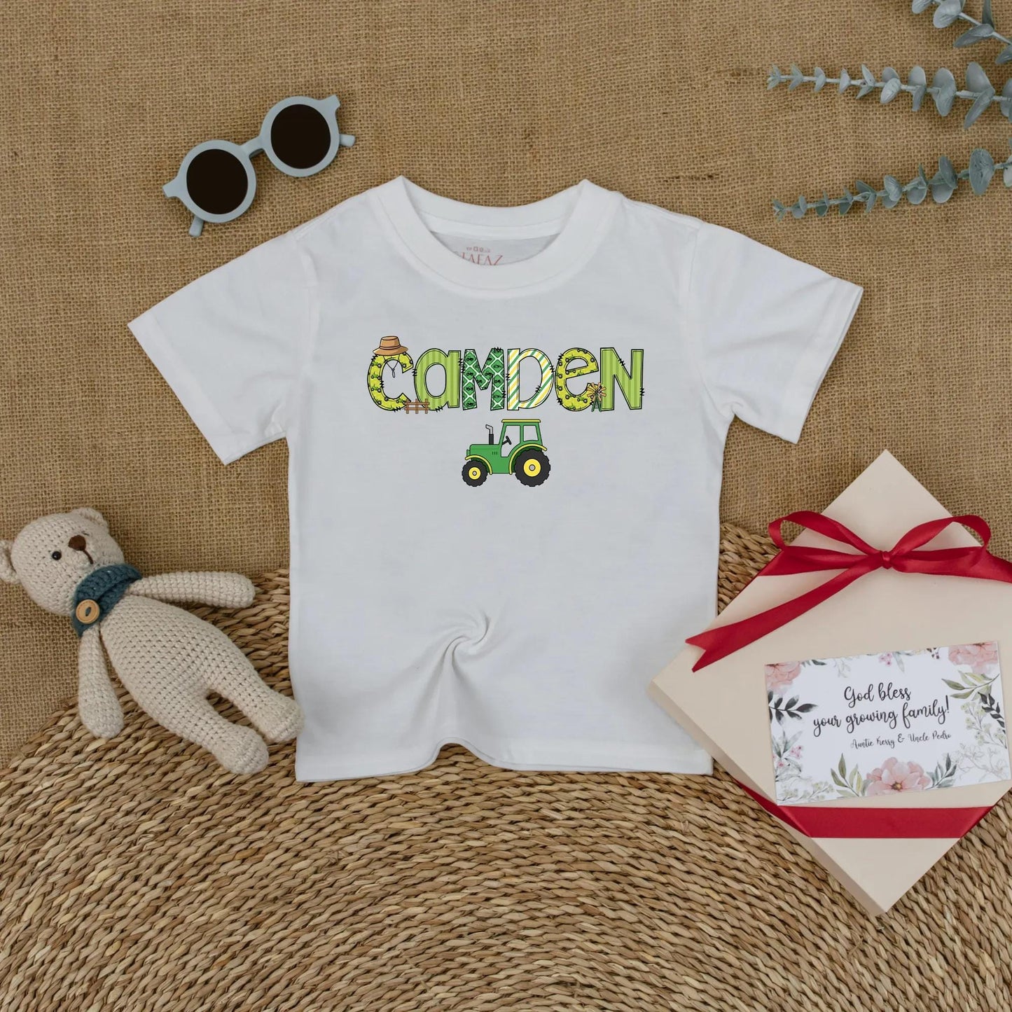 Custom "CAMDEN" Farm Tractor Romper Personalized Little Farmer Birthday Outfit Baby Boy Green Straw Hat Windmill Gift