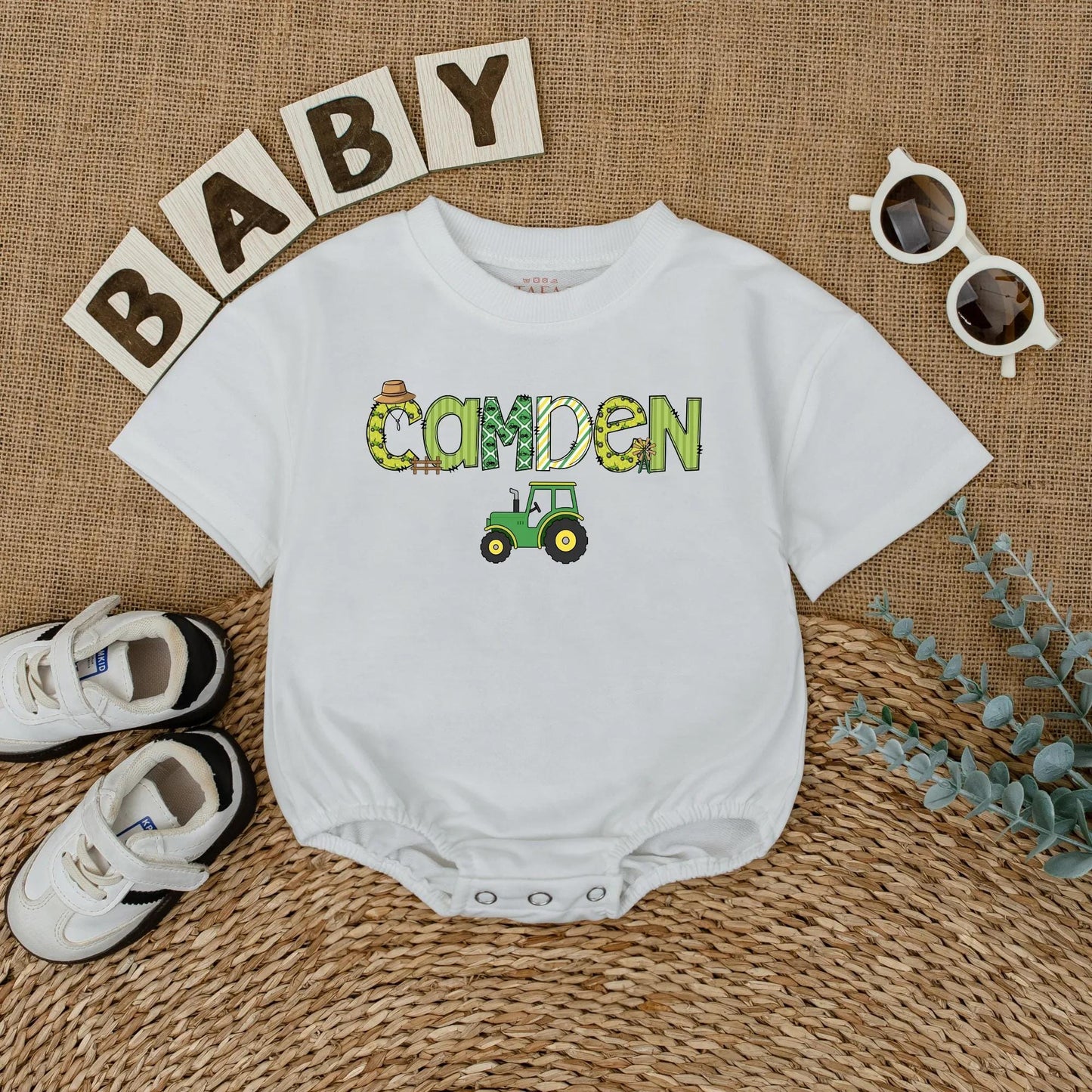 Custom "CAMDEN" Farm Tractor Romper Personalized Little Farmer Birthday Outfit Baby Boy Green Straw Hat Windmill Gift