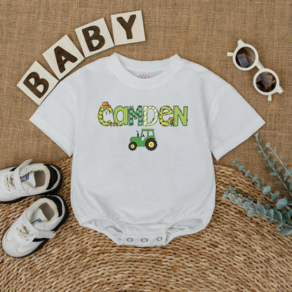 Custom "CAMDEN" Farm Tractor Romper Personalized Little Farmer Birthday Outfit Baby Boy Green Straw Hat Windmill Gift