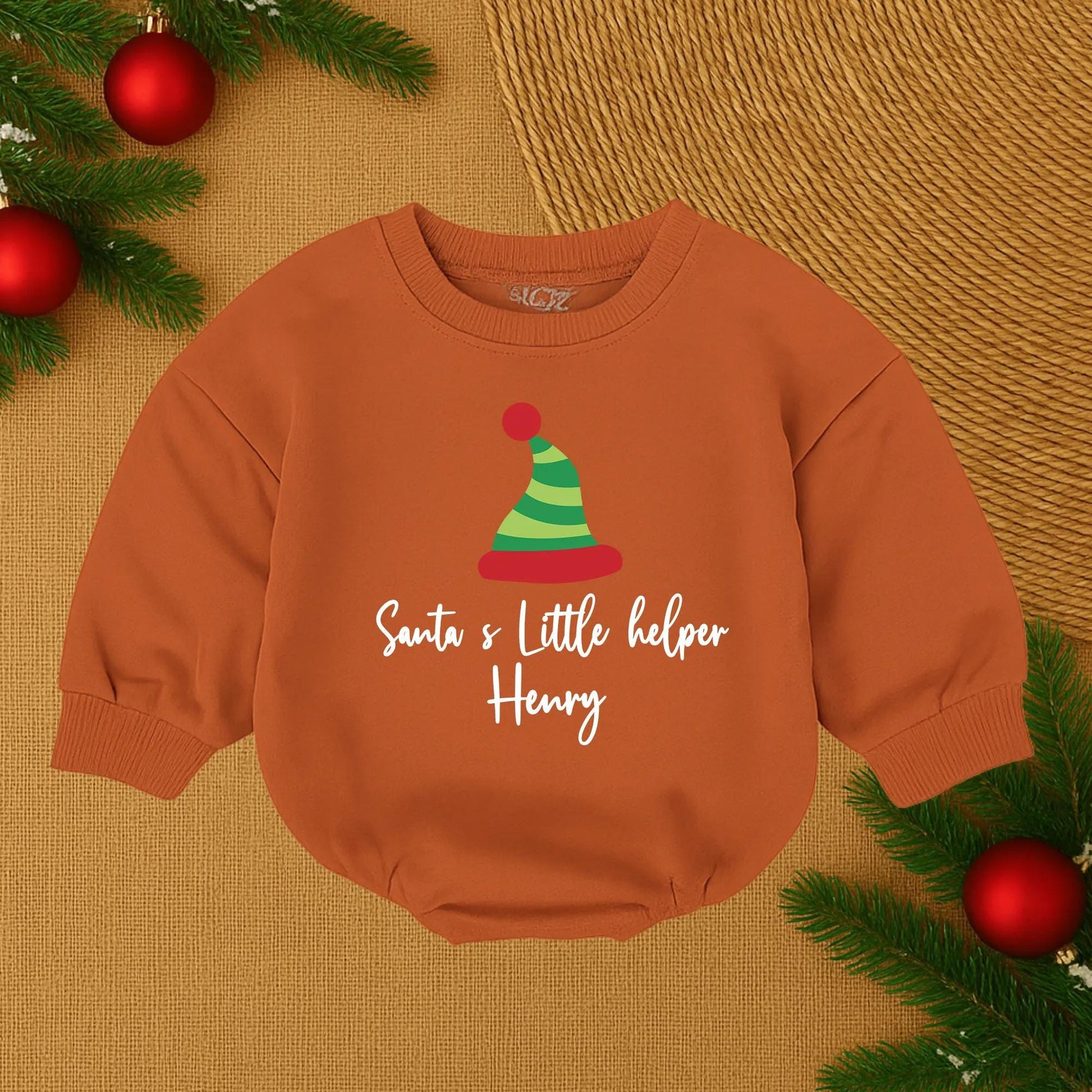 Personalized Santa's Little Helper Romper, Cute Christmas Baby Outfit, Funny Holiday Bodysuit, Green & Red Hat Design, Custom Name Infant Clothes (138 chars)
