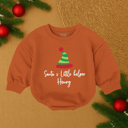 Personalized Santa's Little Helper Romper, Cute Christmas Baby Outfit, Funny Holiday Bodysuit, Green & Red Hat Design, Custom Name Infant Clothes (138 chars)