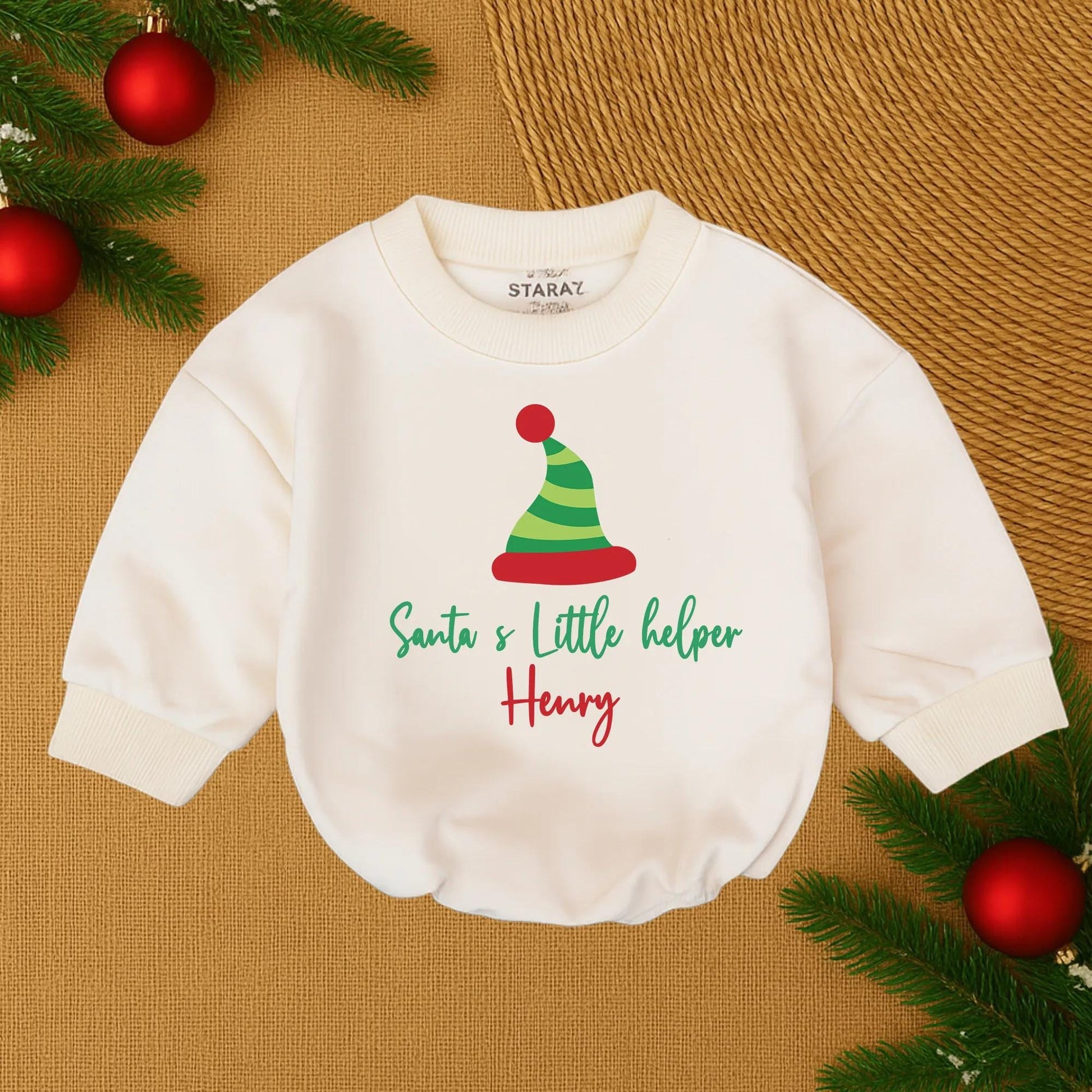 Personalized Santa's Little Helper Romper, Cute Christmas Baby Outfit, Funny Holiday Bodysuit, Green & Red Hat Design, Custom Name Infant Clothes (138 chars)