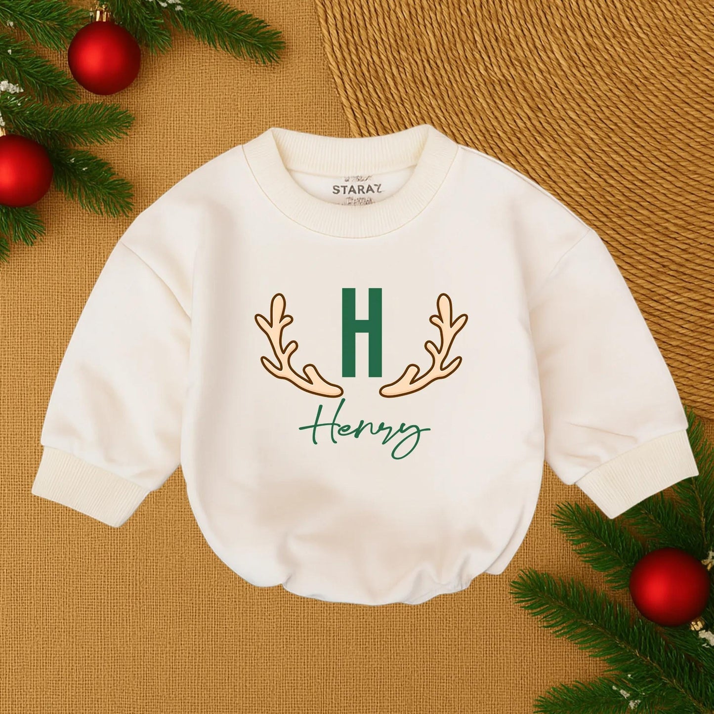 Personalized Henry Christmas Outfit Baby Boy Deer Bodysuit Antler Initial Newborn Gift  Hunting Theme Name Romper First Xmas  Sweater Soft Cotton 138 chars