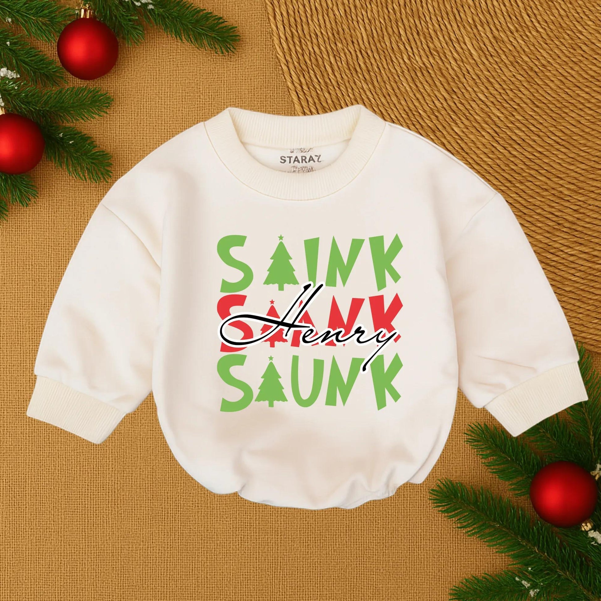 Henry's First Christmas Romper: Personalized Baby Boy Outfit with Playful Green & Red Lettering & Christmas Tree Details, Sweet Infant Holiday Gift (138 chars)