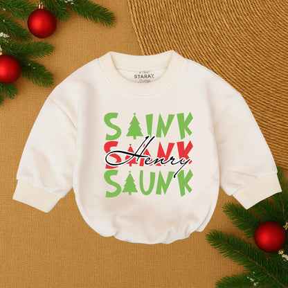 Henry's First Christmas Romper: Personalized Baby Boy Outfit with Playful Green & Red Lettering & Christmas Tree Details, Sweet Infant Holiday Gift (138 chars)