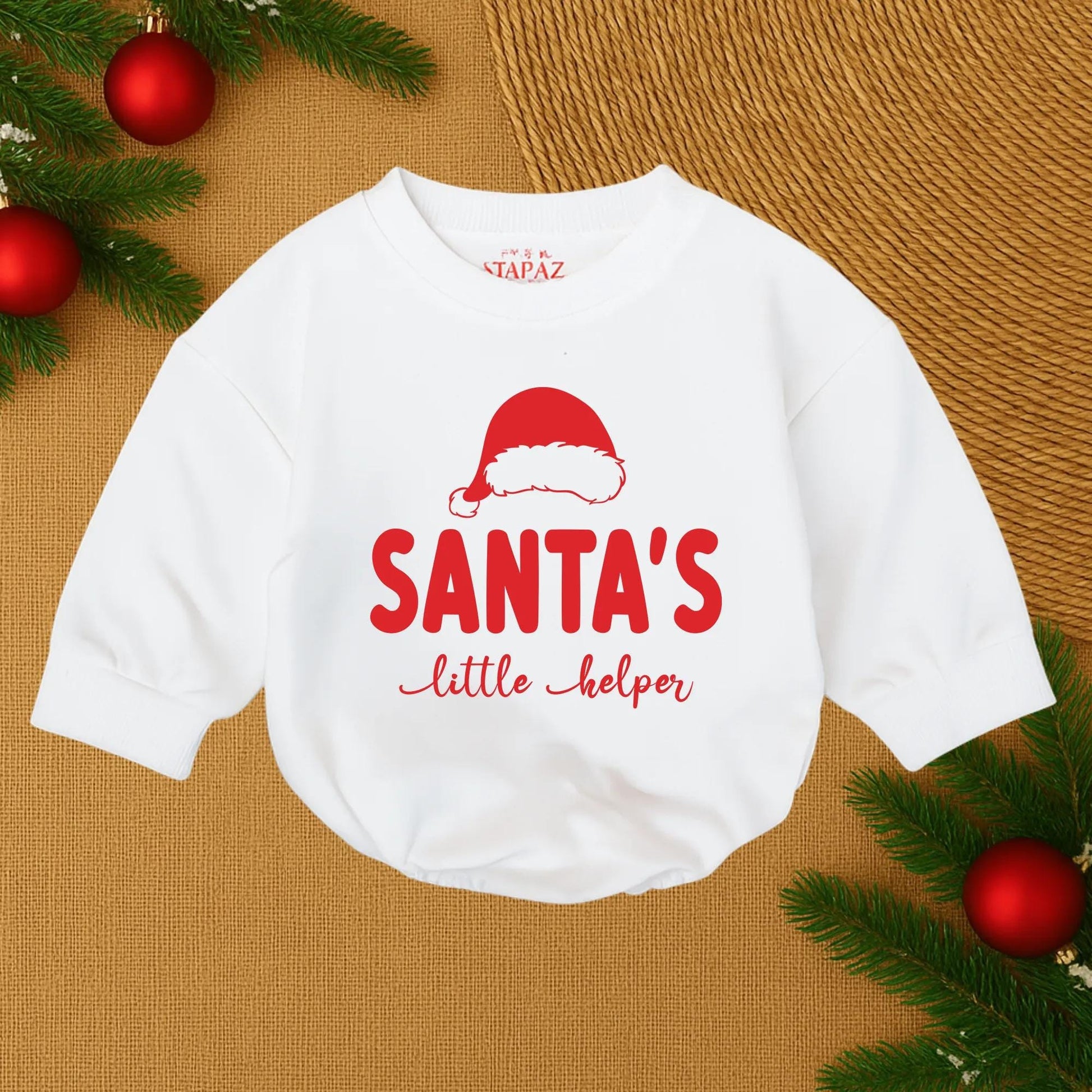Santa's Little Helper Bubble Romper Baby Christmas Outfit Festive Red Infant Bodysuit Cute First Holiday Sleeper Pajamas Cozy Shower Gift