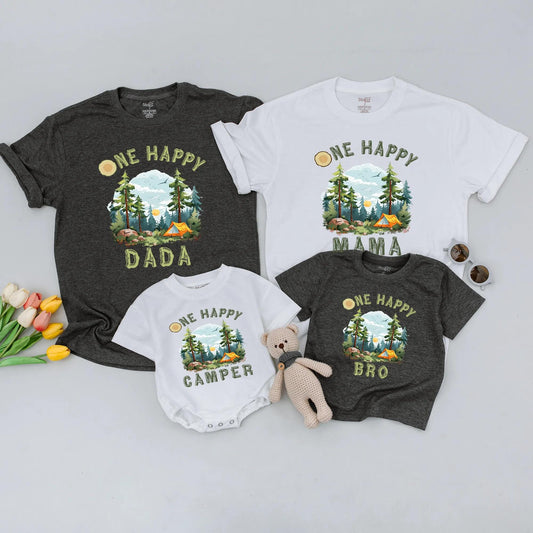 One Happy Camper Family Matching Shirt, Camping Birthday Outfit, Outdoor Adventure Tee, First Birthday Boy or Girl, Rustic Trees & Tent, Cute Camping Tee