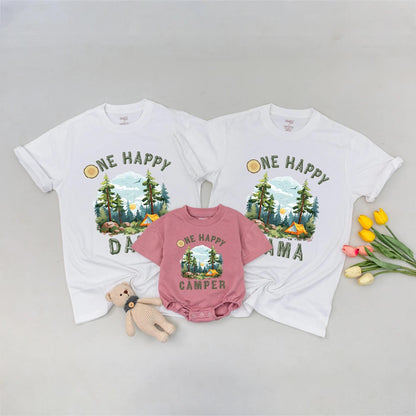 One Happy Camper Family Matching Shirt, Camping Birthday Outfit, Outdoor Adventure Tee, First Birthday Boy or Girl, Rustic Trees & Tent, Cute Camping Tee