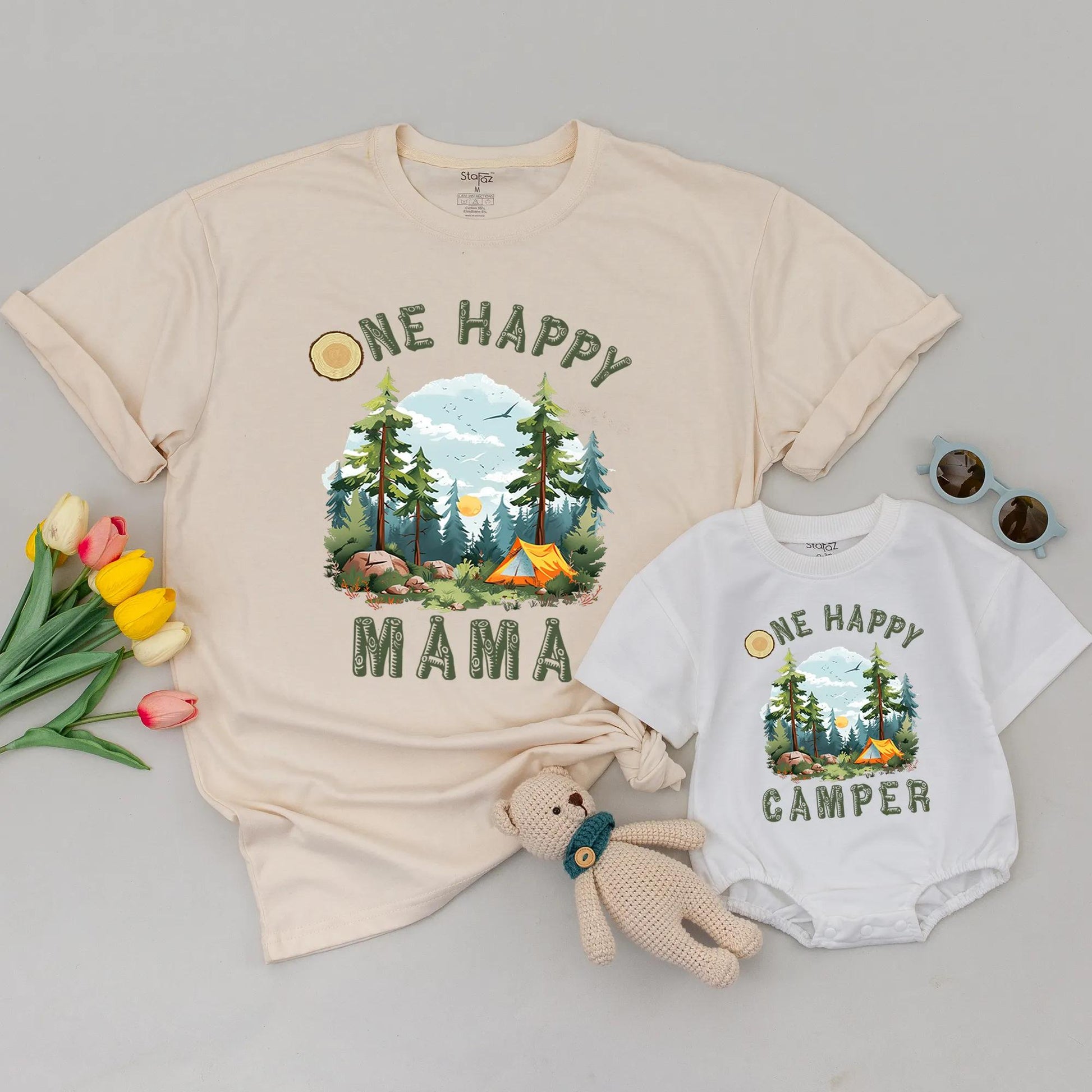 One Happy Camper Family Matching Shirt, Camping Birthday Outfit, Outdoor Adventure Tee, First Birthday Boy or Girl, Rustic Trees & Tent, Cute Camping Tee