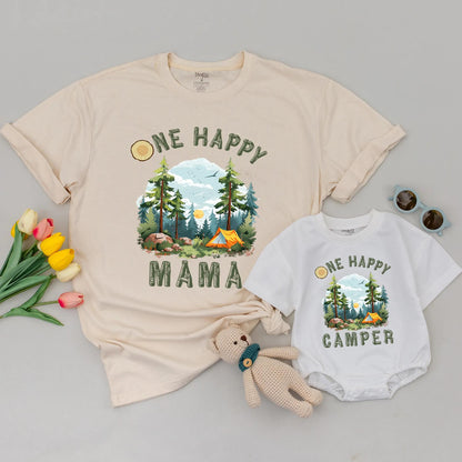 One Happy Camper Family Matching Shirt, Camping Birthday Outfit, Outdoor Adventure Tee, First Birthday Boy or Girl, Rustic Trees & Tent, Cute Camping Tee