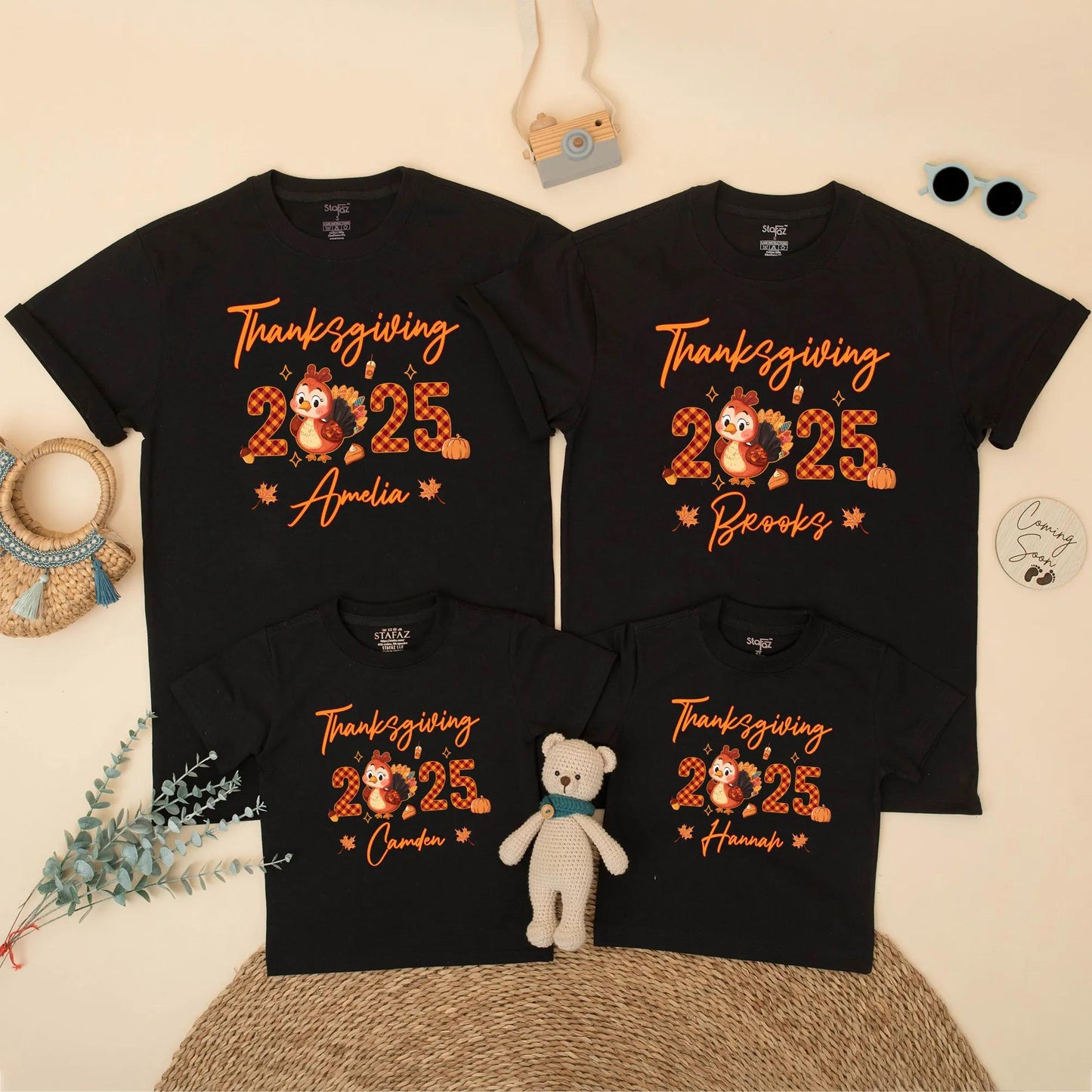 Matching Family Thanksgiving 2025 Shirts, Custom Name Turkey Tees, Personalized Fall Holiday Outfit, Pumpkins, Leaves, Acorns, Orange Script Design (138)