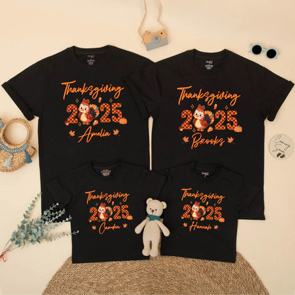 Matching Family Thanksgiving 2025 Shirts, Custom Name Turkey Tees, Personalized Fall Holiday Outfit, Pumpkins, Leaves, Acorns, Orange Script Design (138)