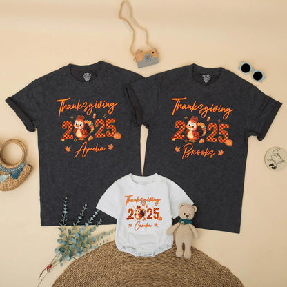 Matching Family Thanksgiving 2025 Shirts, Custom Name Turkey Tees, Personalized Fall Holiday Outfit, Pumpkins, Leaves, Acorns, Orange Script Design (138)