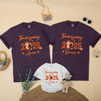 Matching Family Thanksgiving 2025 Shirts, Custom Name Turkey Tees, Personalized Fall Holiday Outfit, Pumpkins, Leaves, Acorns, Orange Script Design (138)