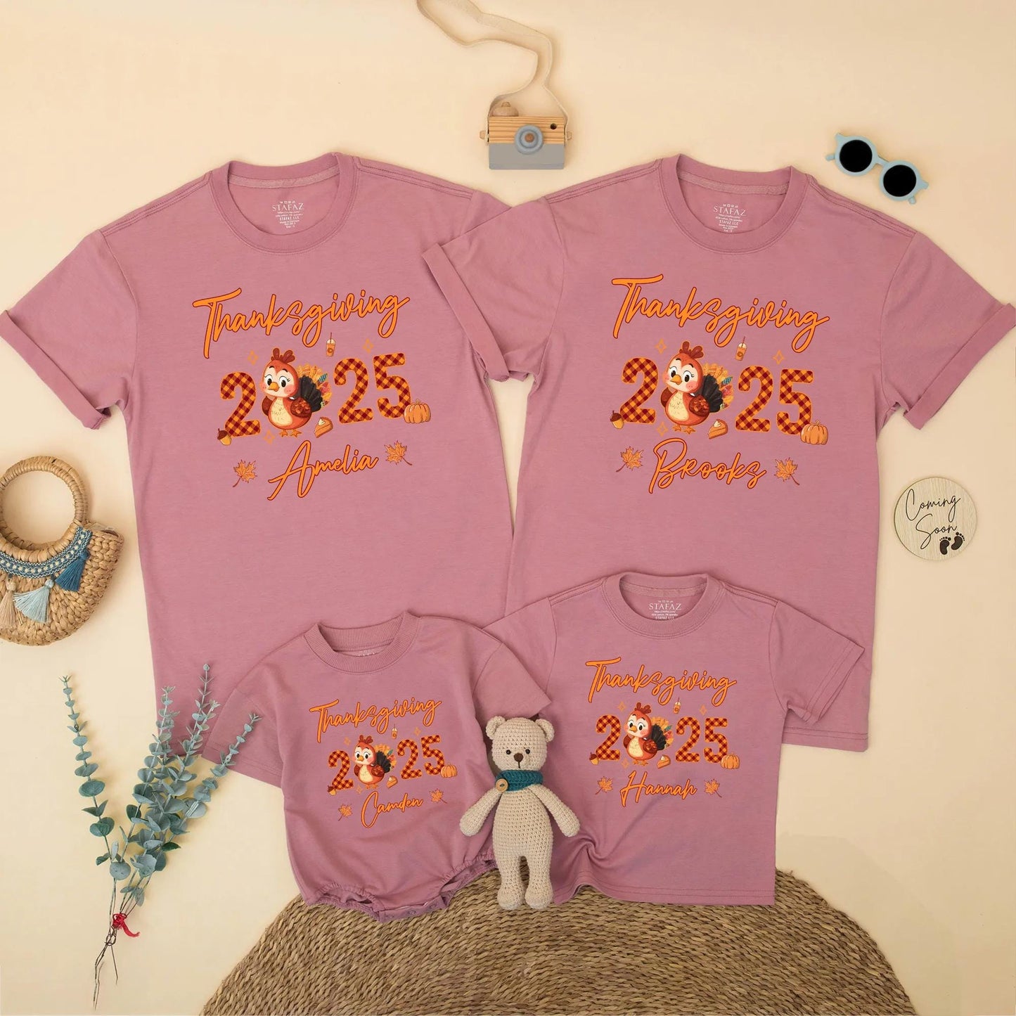 Matching Family Thanksgiving 2025 Shirts, Custom Name Turkey Tees, Personalized Fall Holiday Outfit, Pumpkins, Leaves, Acorns, Orange Script Design (138)