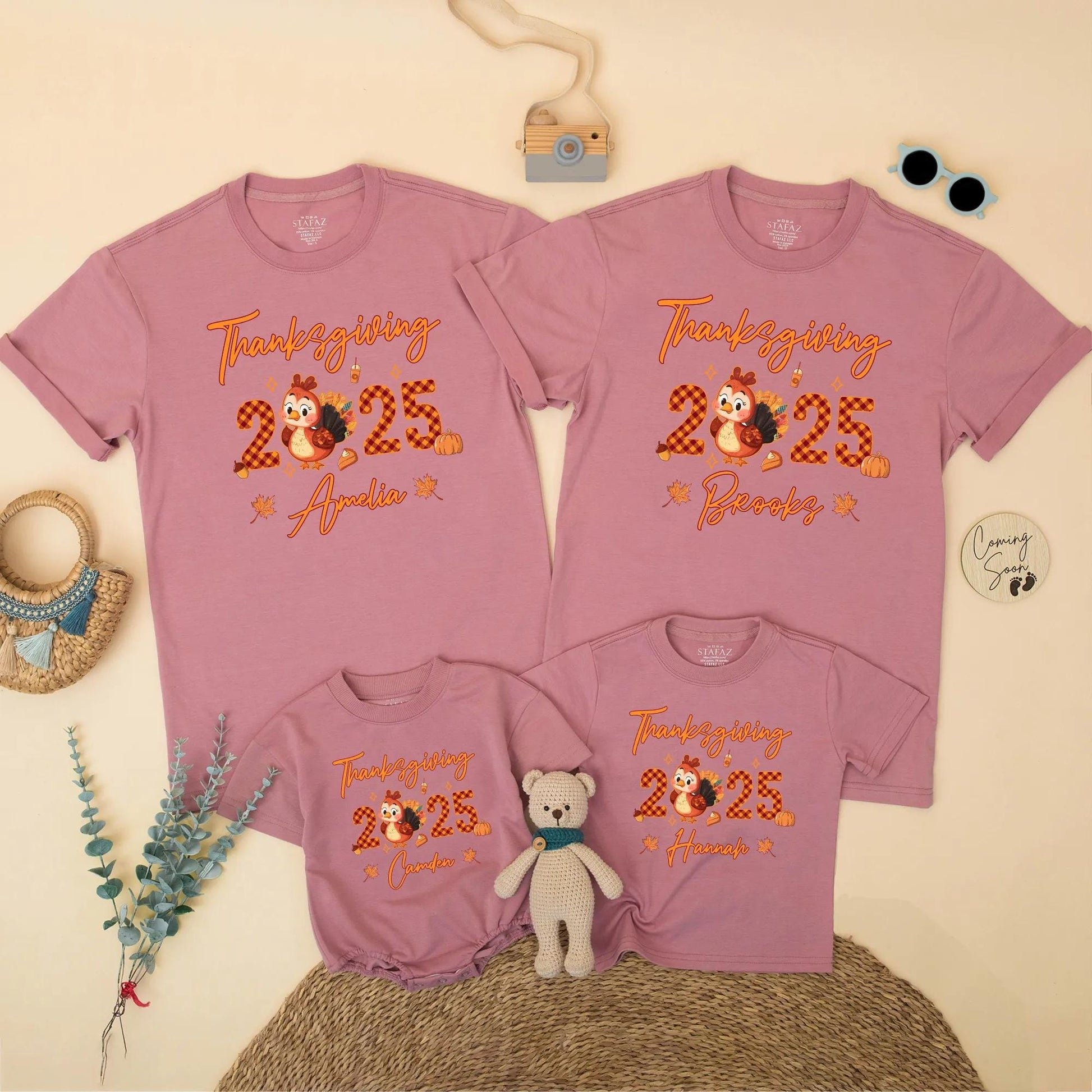 Matching Family Thanksgiving 2025 Shirts, Custom Name Turkey Tees, Personalized Fall Holiday Outfit, Pumpkins, Leaves, Acorns, Orange Script Design (138)