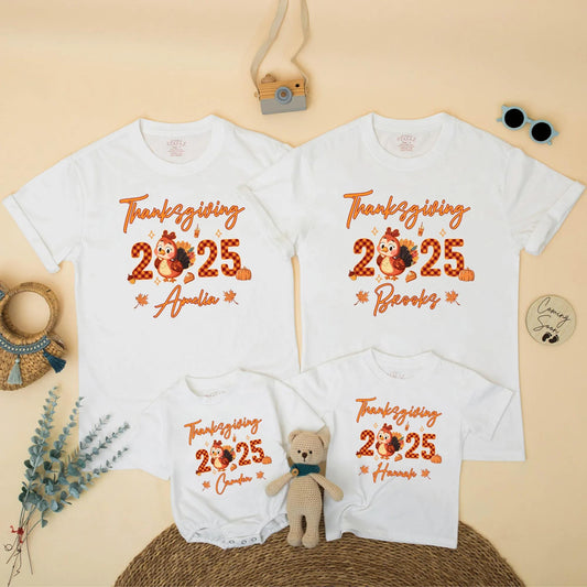 Matching Family Thanksgiving 2025 Shirts, Custom Name Turkey Tees, Personalized Fall Holiday Outfit, Pumpkins, Leaves, Acorns, Orange Script Design (138)