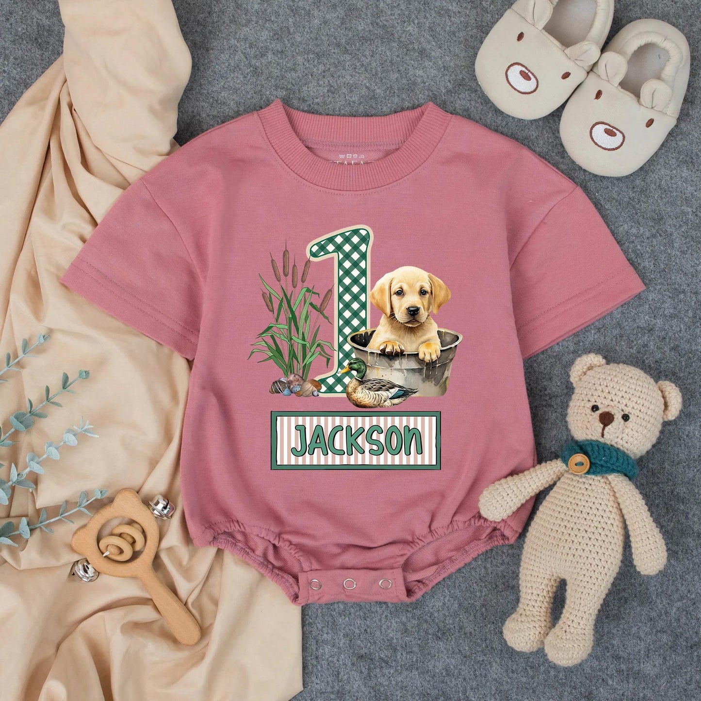 Custom Name Lab Dog Mallard Duck Hunting Baby Romper Plaid Number 1 Southern Infant Outfit Cartoon Boy Design Gift