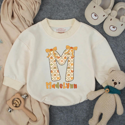 Personalized Pumpkin Madelynn Bubble Romper, First Thanksgiving Outfit, Baby Girl Fall Clothes, Custom Autumn Initial Romper, Preppy Thanksgiving Costume