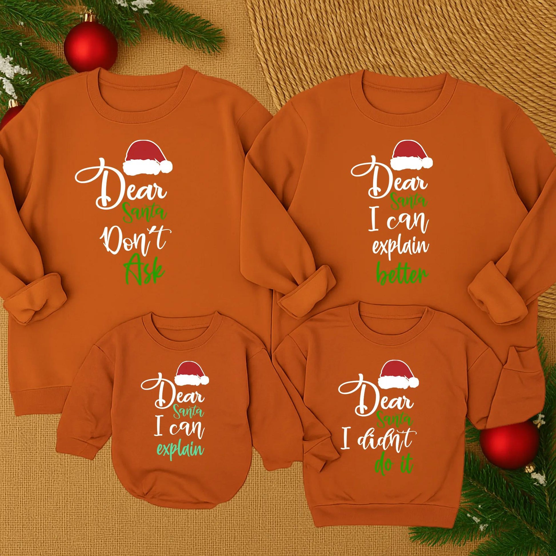 Funny Dear Santa Matching Family Christmas Sweatshirt with Playful Red Green Hat Design Winter Sweater I Can Explain Mommy Daughter Holiday Apparel Gift