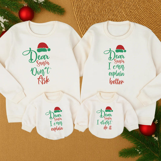 Funny Dear Santa Matching Family Christmas Sweatshirt with Playful Red Green Hat Design Winter Sweater I Can Explain Mommy Daughter Holiday Apparel Gift