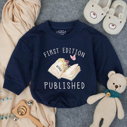 First Edition 2025 Baby Romper: Whimsical Open Book Design, Published Newborn Outfit, Cute Butterfly Bodysuit, Unique Baby Shower Gift (139 chars)