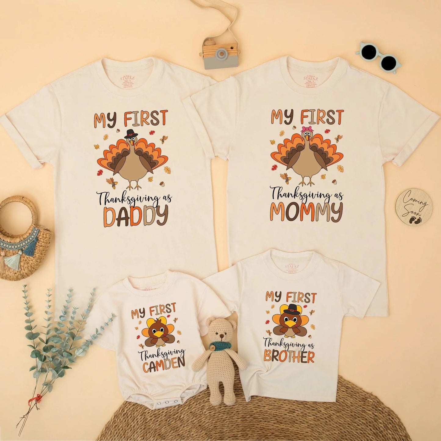 Personalized My First Thanksgiving Family Matching Shirts, Baby Turkey Outfit, Fall Gift for Daddy Mommy Brother, Cute & Whimsical Design