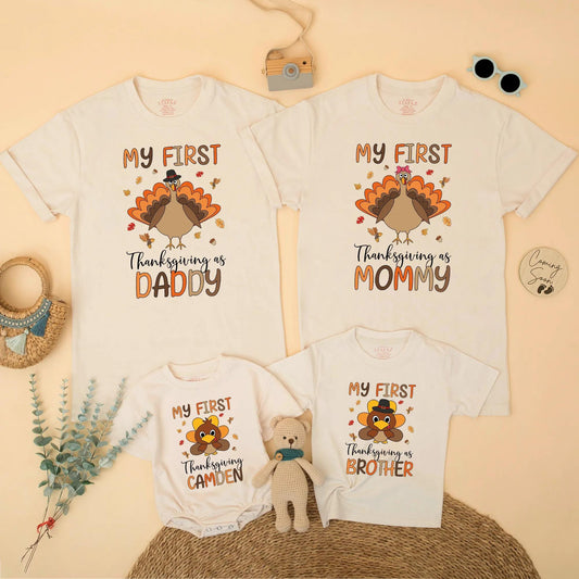 Personalized My First Thanksgiving Family Matching Shirts, Baby Turkey Outfit, Fall Gift for Daddy Mommy Brother, Cute & Whimsical Design
