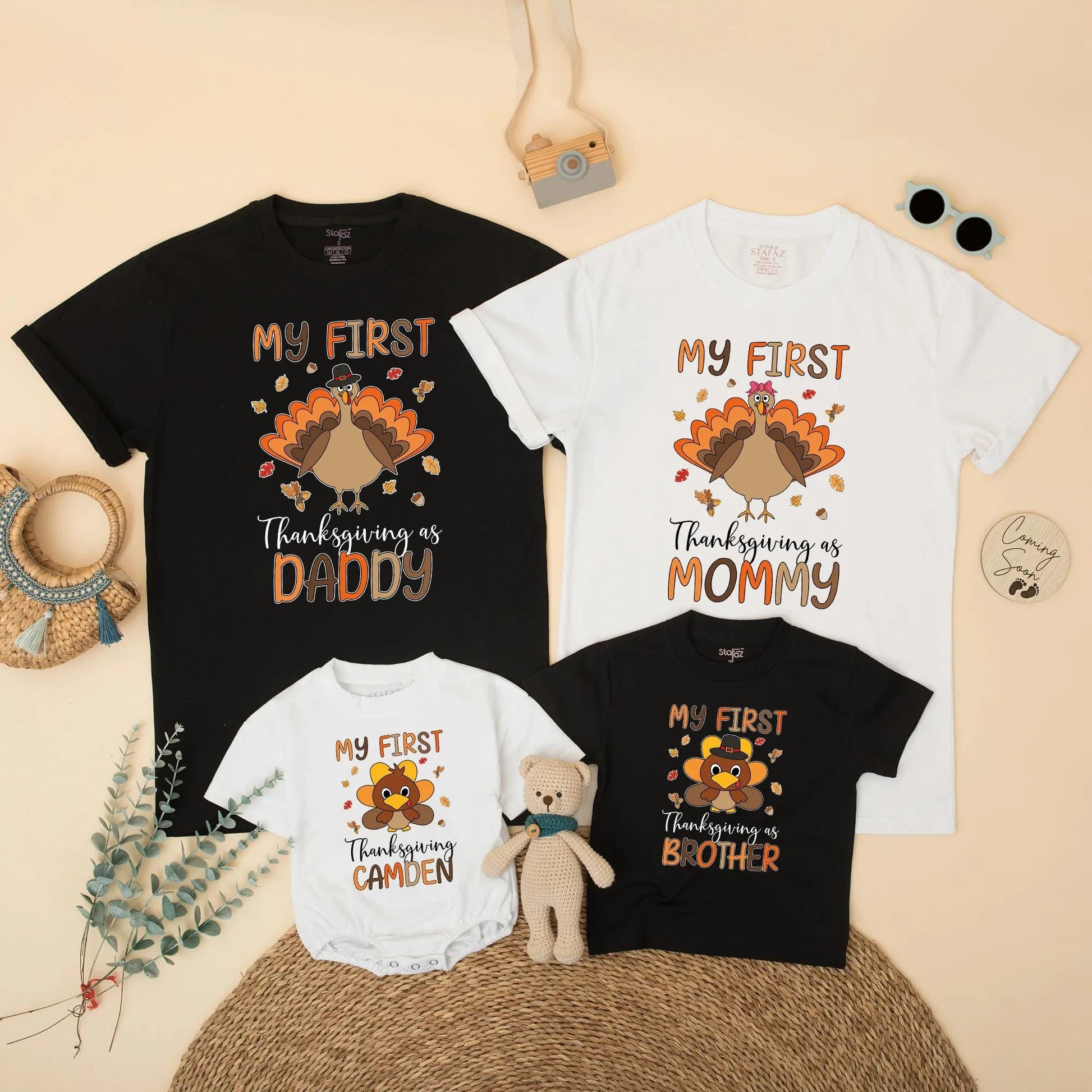 Personalized My First Thanksgiving Family Matching Shirts, Baby Turkey Outfit, Fall Gift for Daddy Mommy Brother, Cute & Whimsical Design