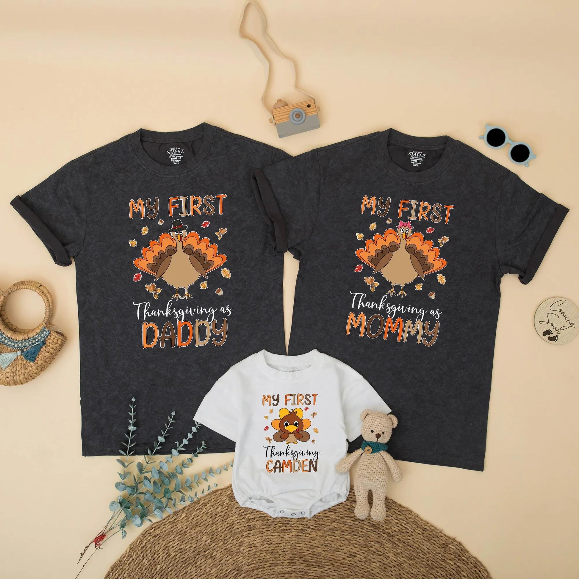 Personalized My First Thanksgiving Family Matching Shirts, Baby Turkey Outfit, Fall Gift for Daddy Mommy Brother, Cute & Whimsical Design