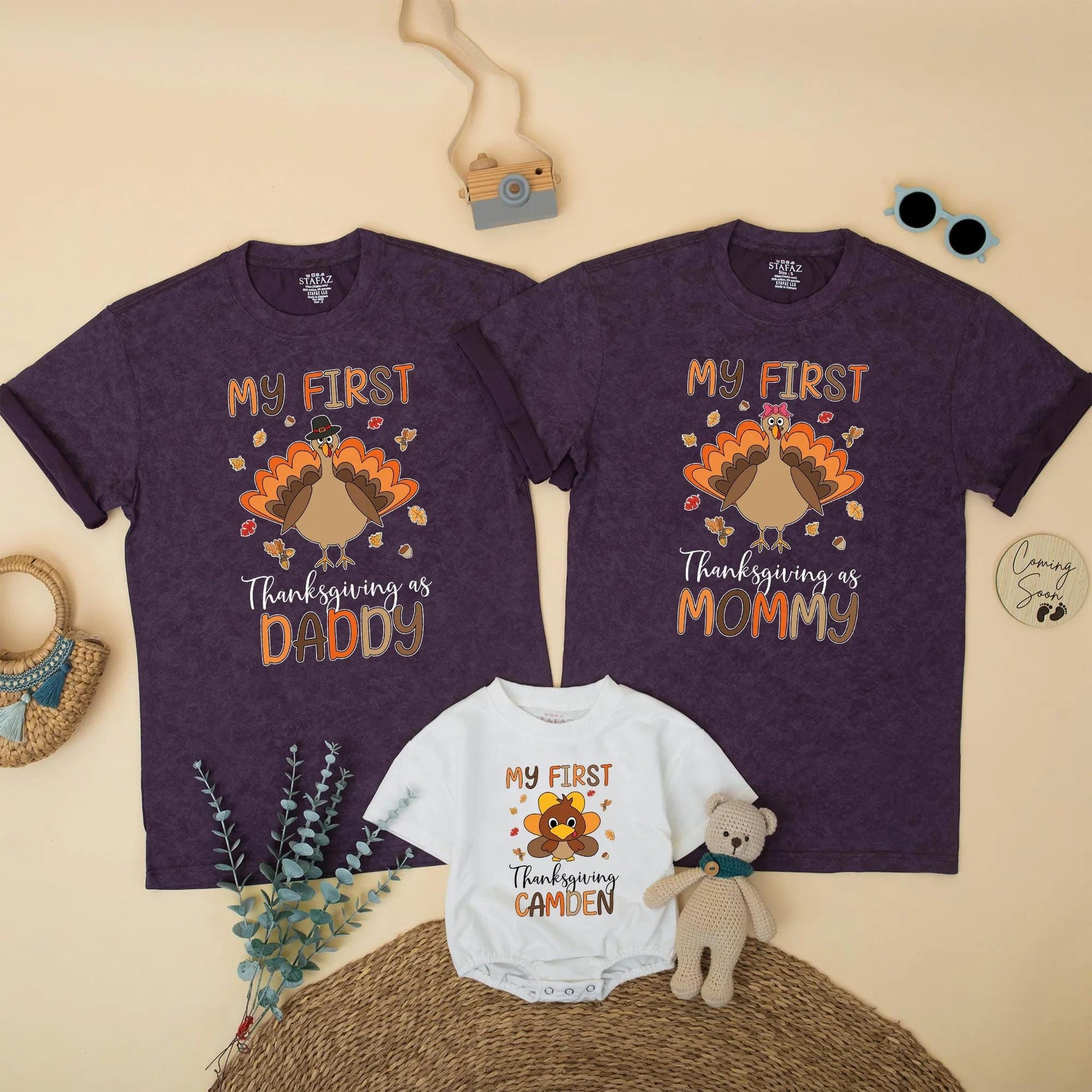 Personalized My First Thanksgiving Family Matching Shirts, Baby Turkey Outfit, Fall Gift for Daddy Mommy Brother, Cute & Whimsical Design